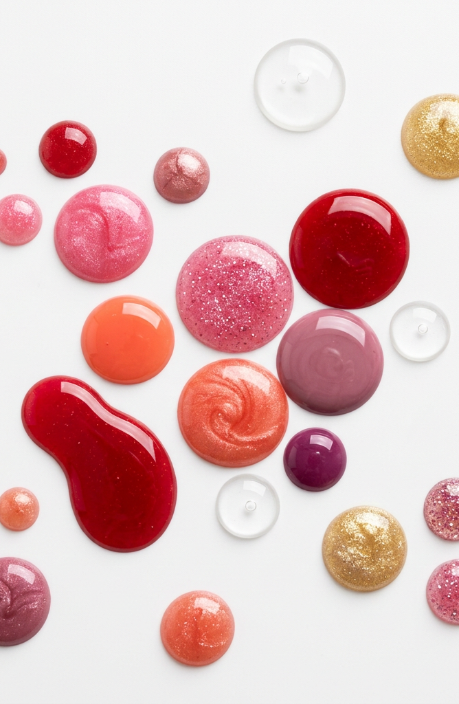 Multiple drops of nail polish in red, pink, orange, gold, purple, and clear shades with glossy and glittery textures.